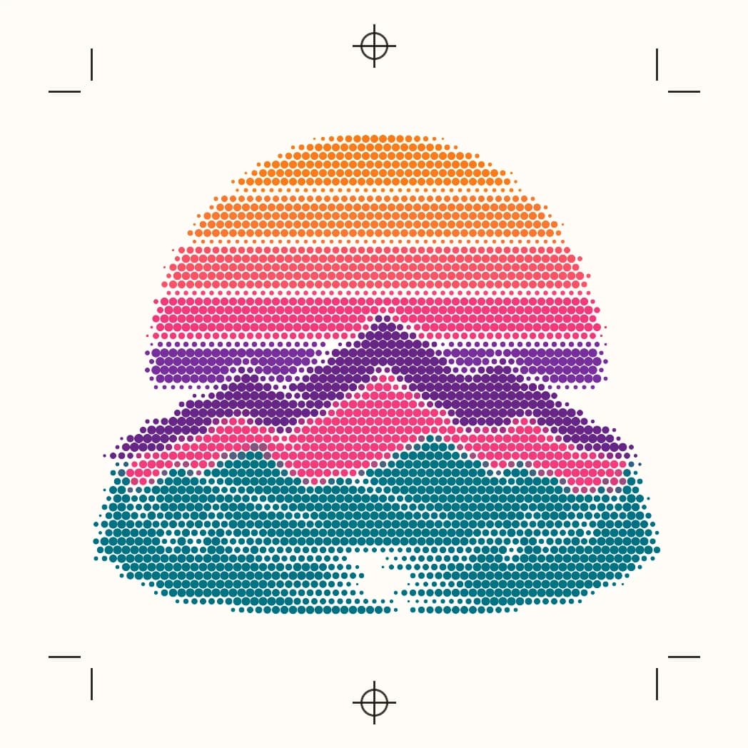 A halftone test print of the retro sunset design, with crop marks