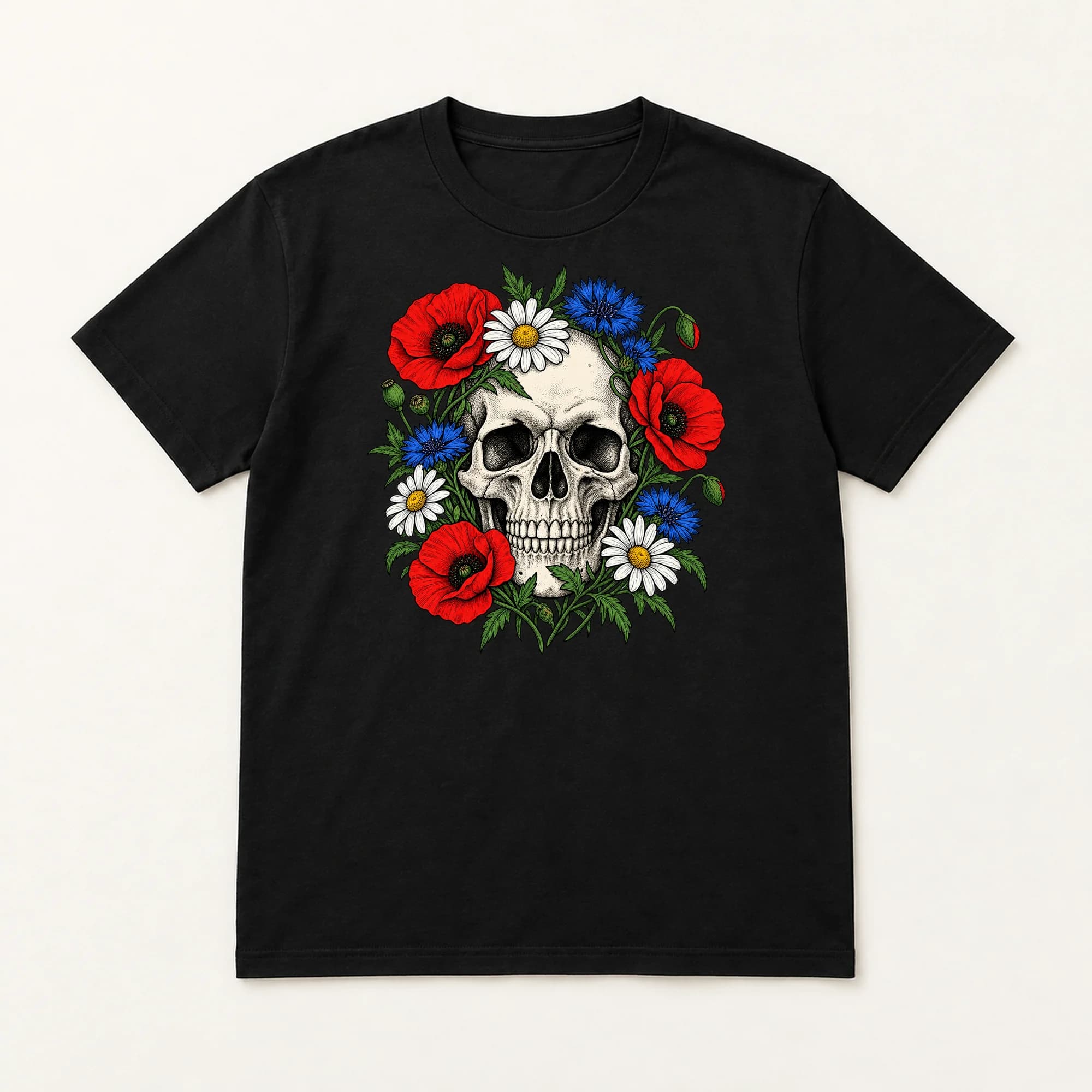 Mockup: the floral skull design on a black tee