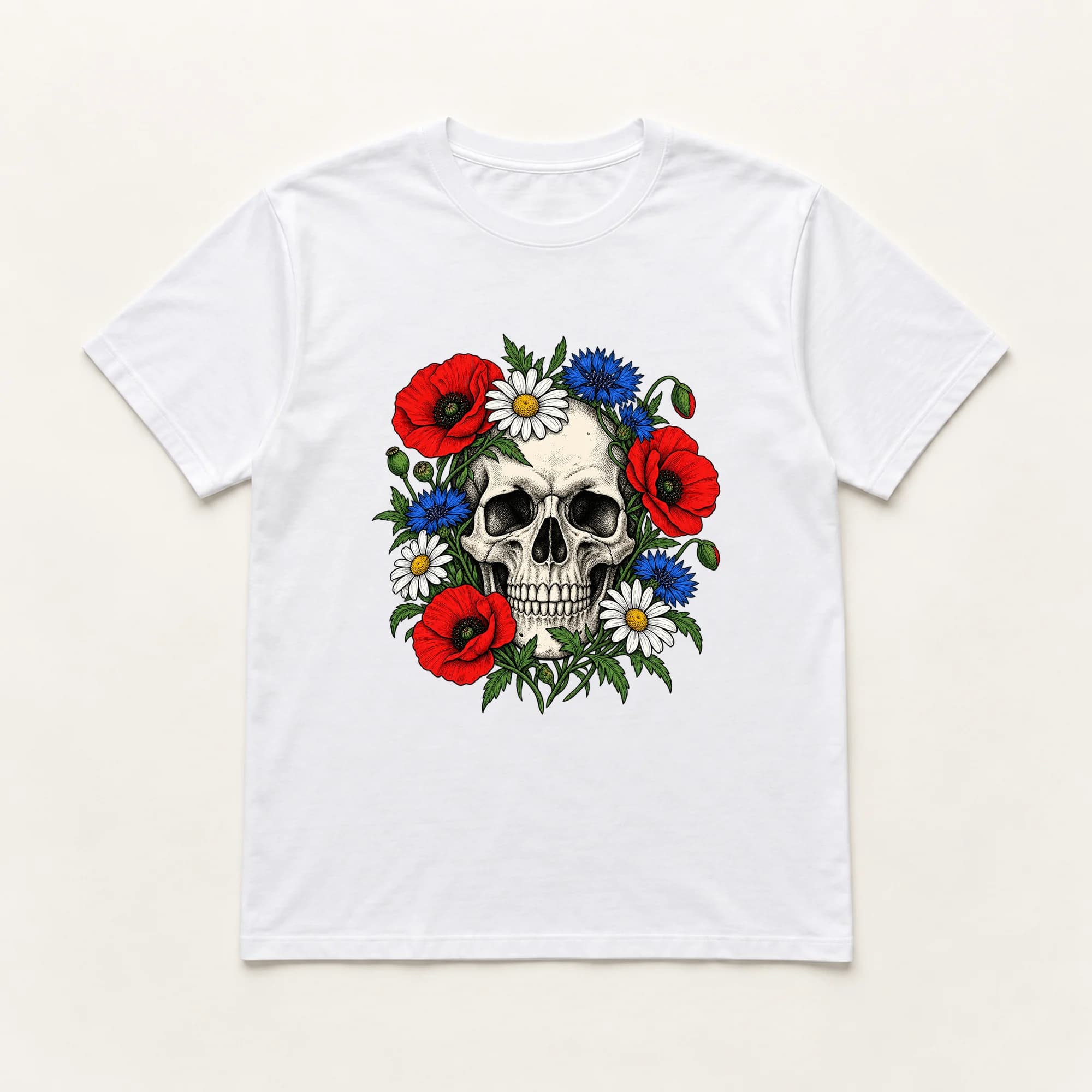 Mockup: the floral skull design on a white tee