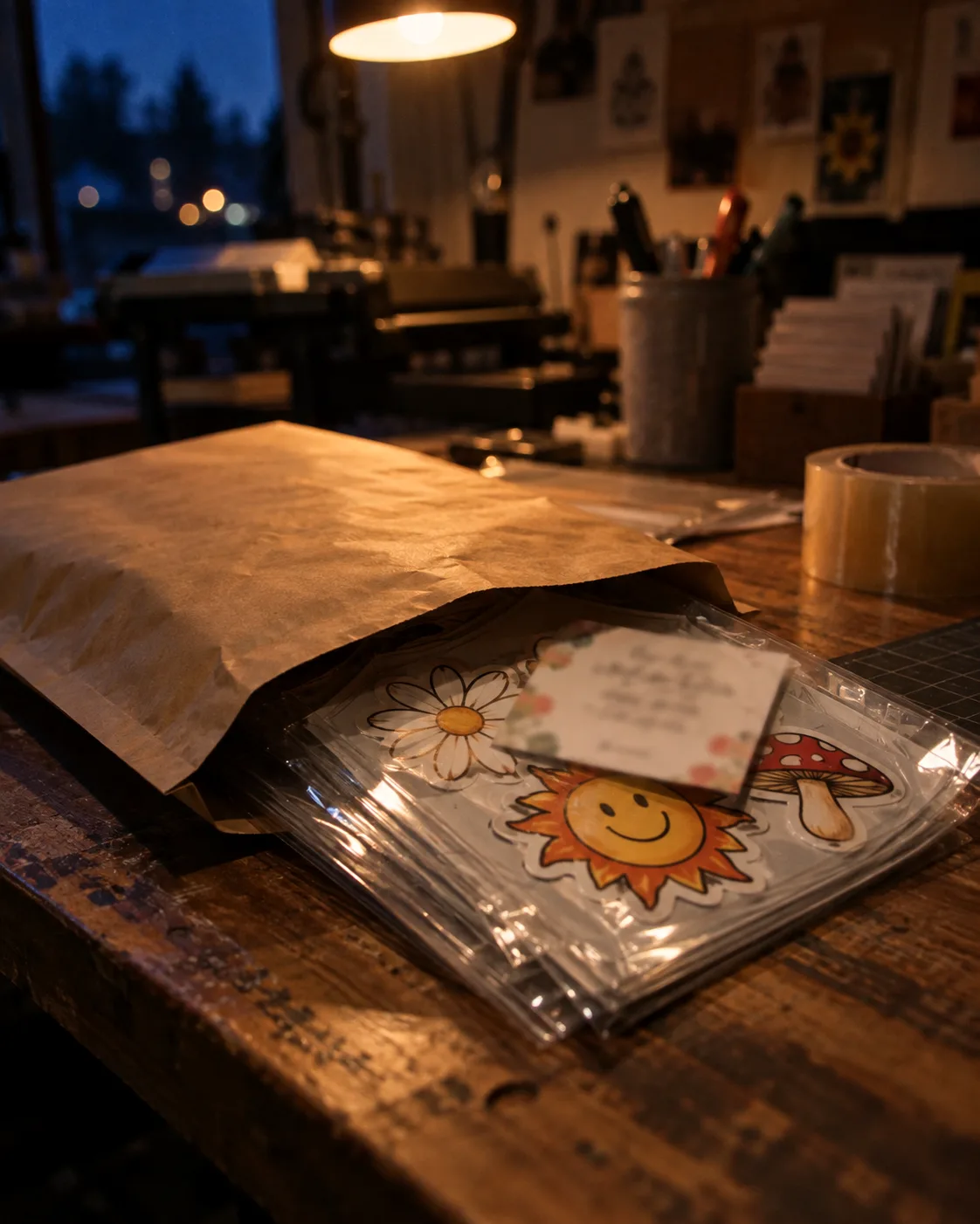 Transfers in clear sleeves going into a kraft mailer at night