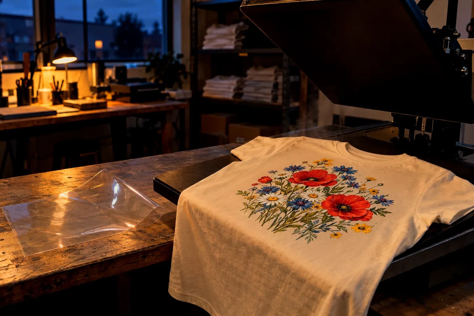 A heat press just opened over a freshly pressed floral tee, the clear carrier film lying empty beside it