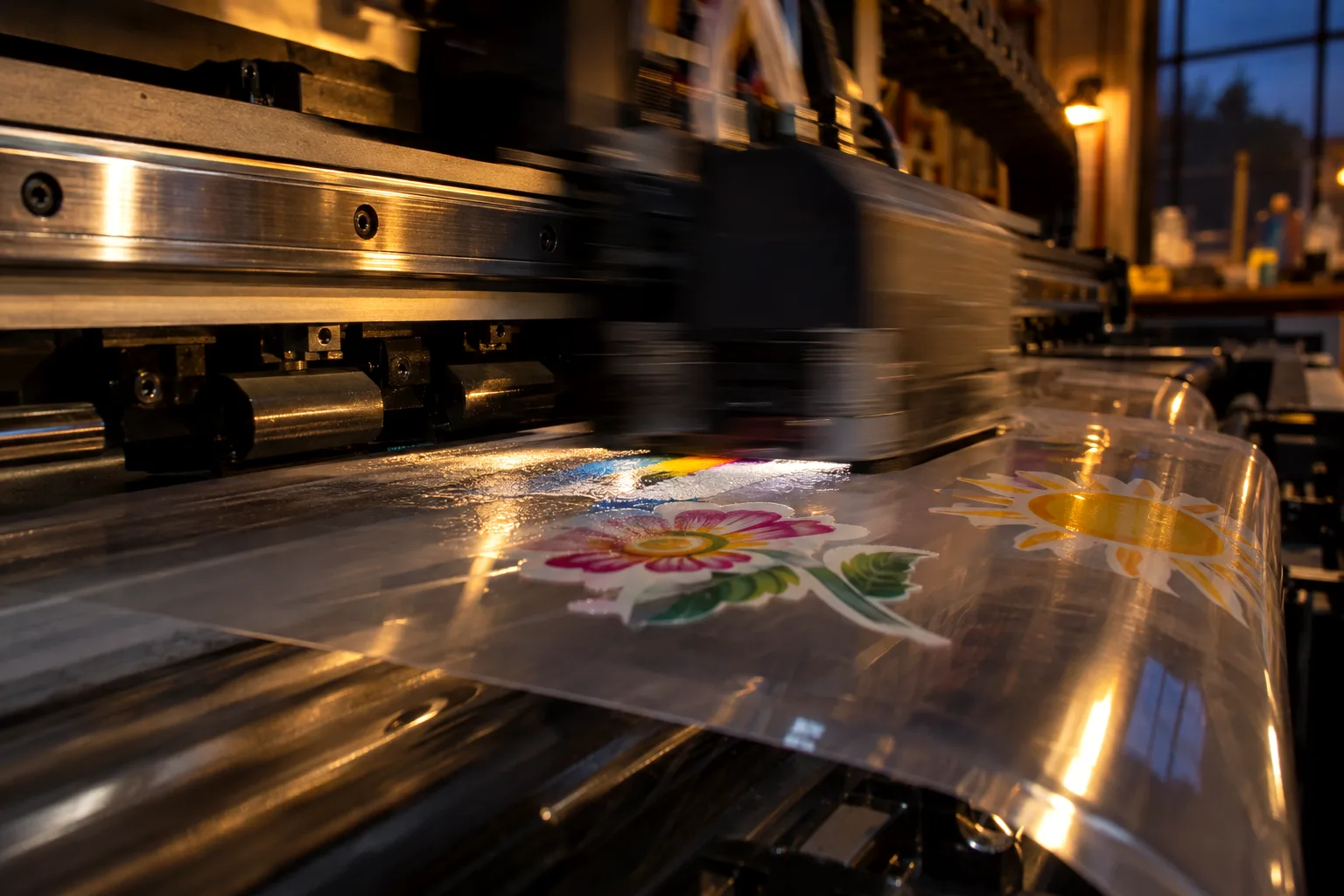 A printer carriage mid-pass, laying wet ink onto clear film