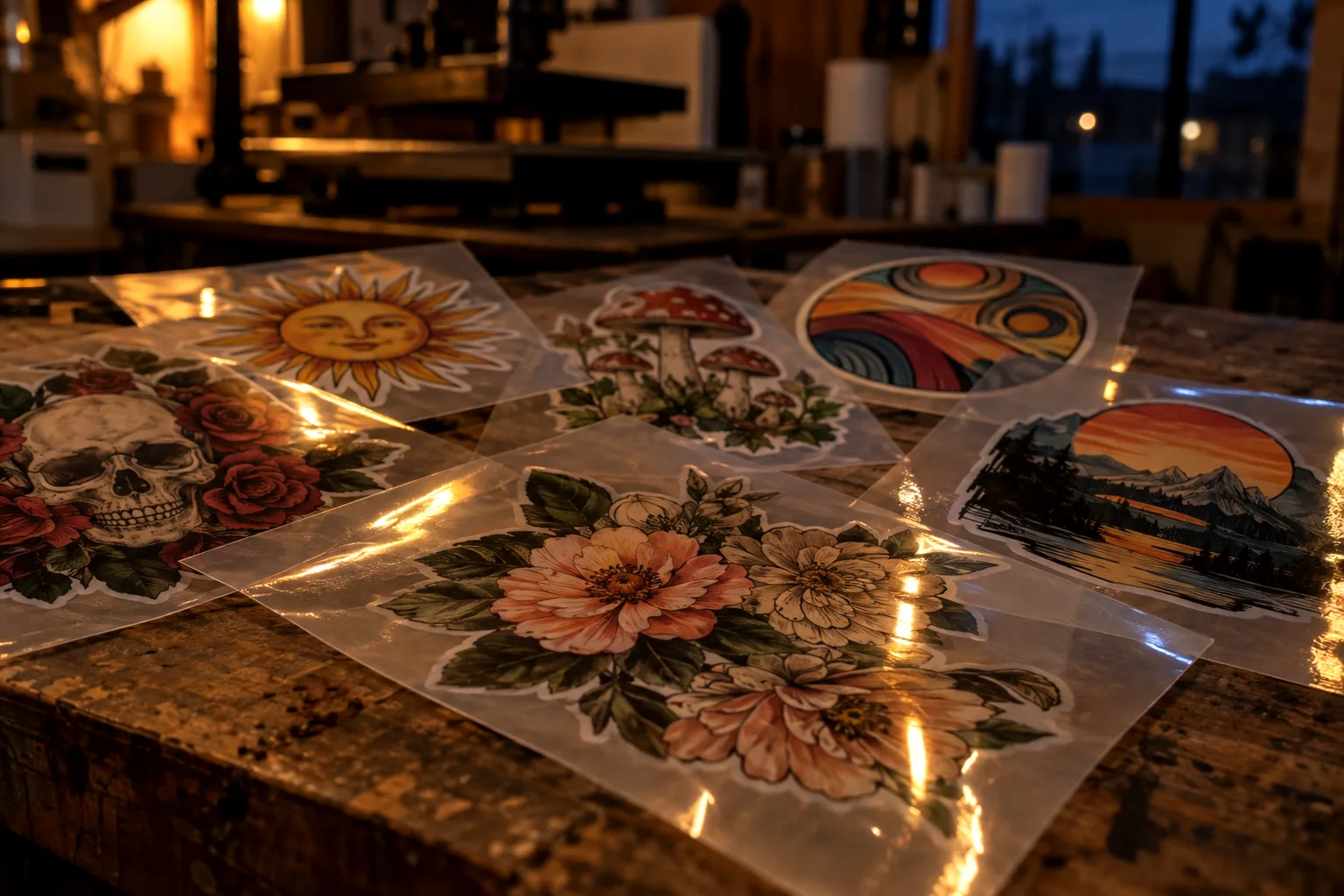 Printed DTF transfer sheets fanned across a wooden worktable under a lamp