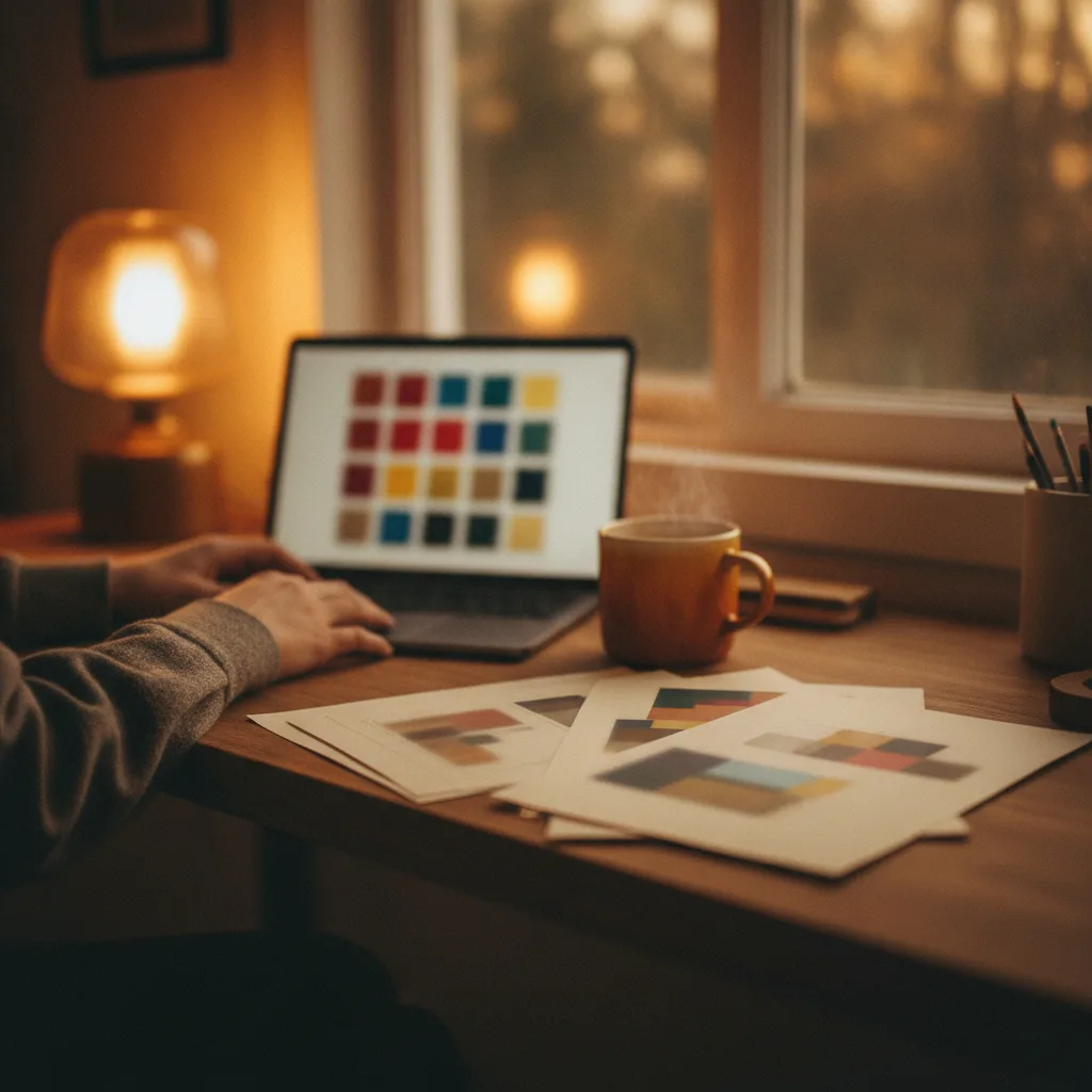 A desk with a laptop and printed design sheets