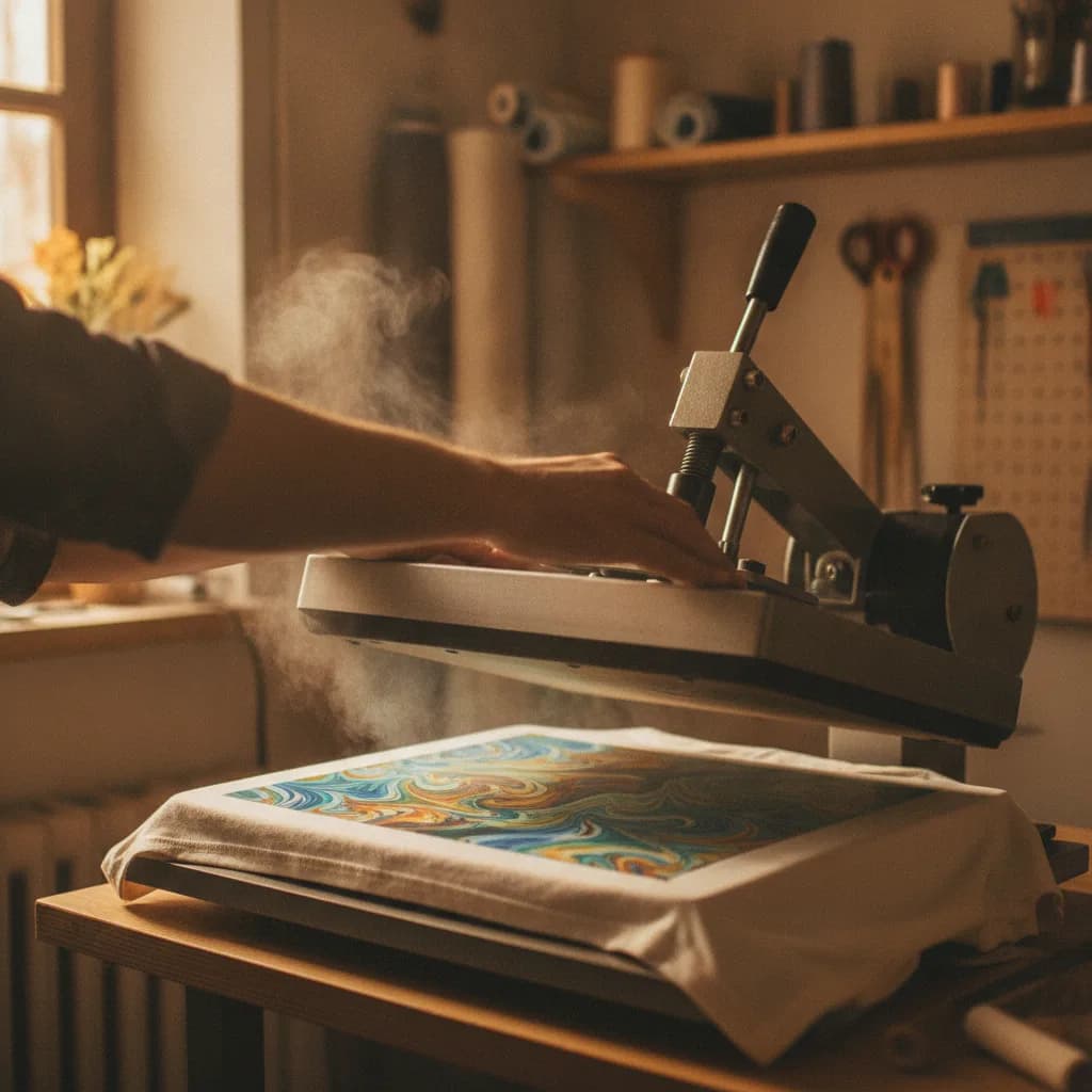 A heat press closing over a transfer on a garment