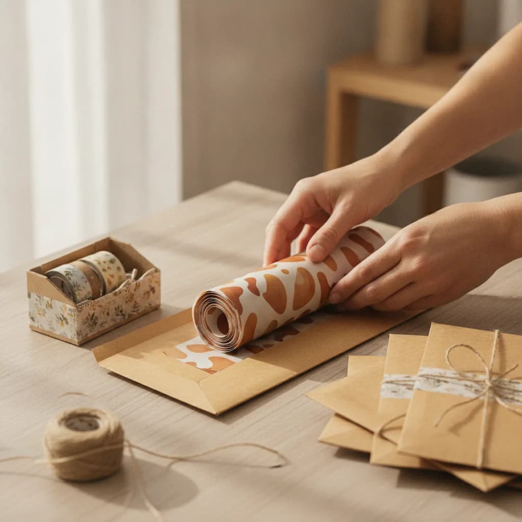 Hands packing rolled transfer film into mailers