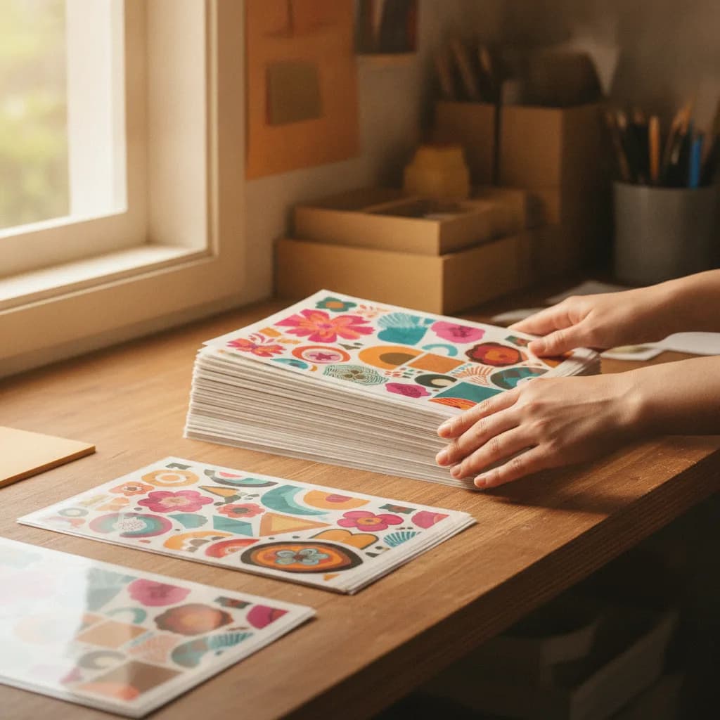 Hands squaring up a stack of printed DTF transfer sheets