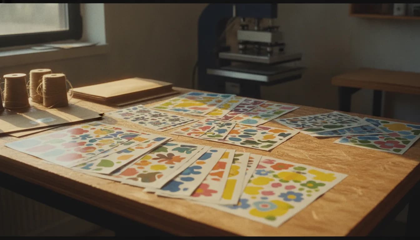 A DTF workshop table with printed transfer sheets and a heat press